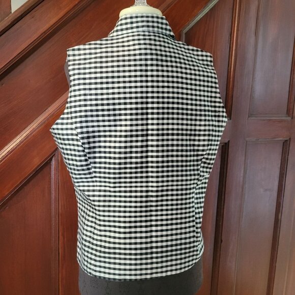 Sleeveless Anne Carson Black & White Gingham Silk Blouse With Embroidered Hem L - Picture 3 of 5